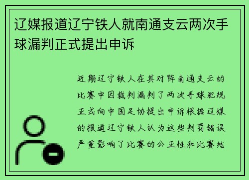 辽媒报道辽宁铁人就南通支云两次手球漏判正式提出申诉