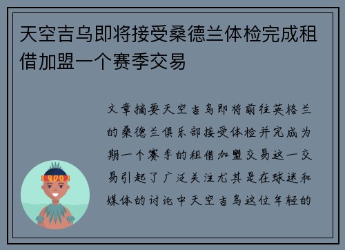天空吉乌即将接受桑德兰体检完成租借加盟一个赛季交易