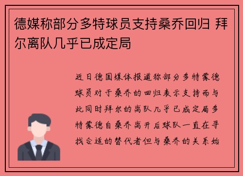 德媒称部分多特球员支持桑乔回归 拜尔离队几乎已成定局